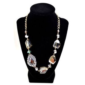 Silver Tone Necklace w/ Chunky Faceted Glass Beads‎ Gray & Light Yellow  23"